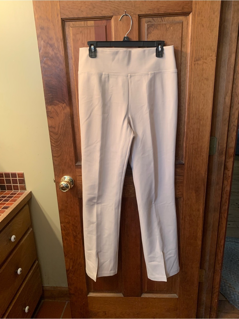 Tyler Boe, like NEW BEIGE, Margie PONTE pants, 6.5 inch slit in front of leg.